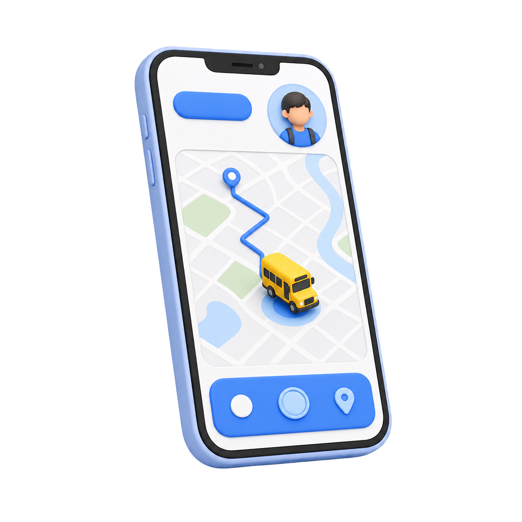 Skolar Connect parent app showing live bus location and pickup status